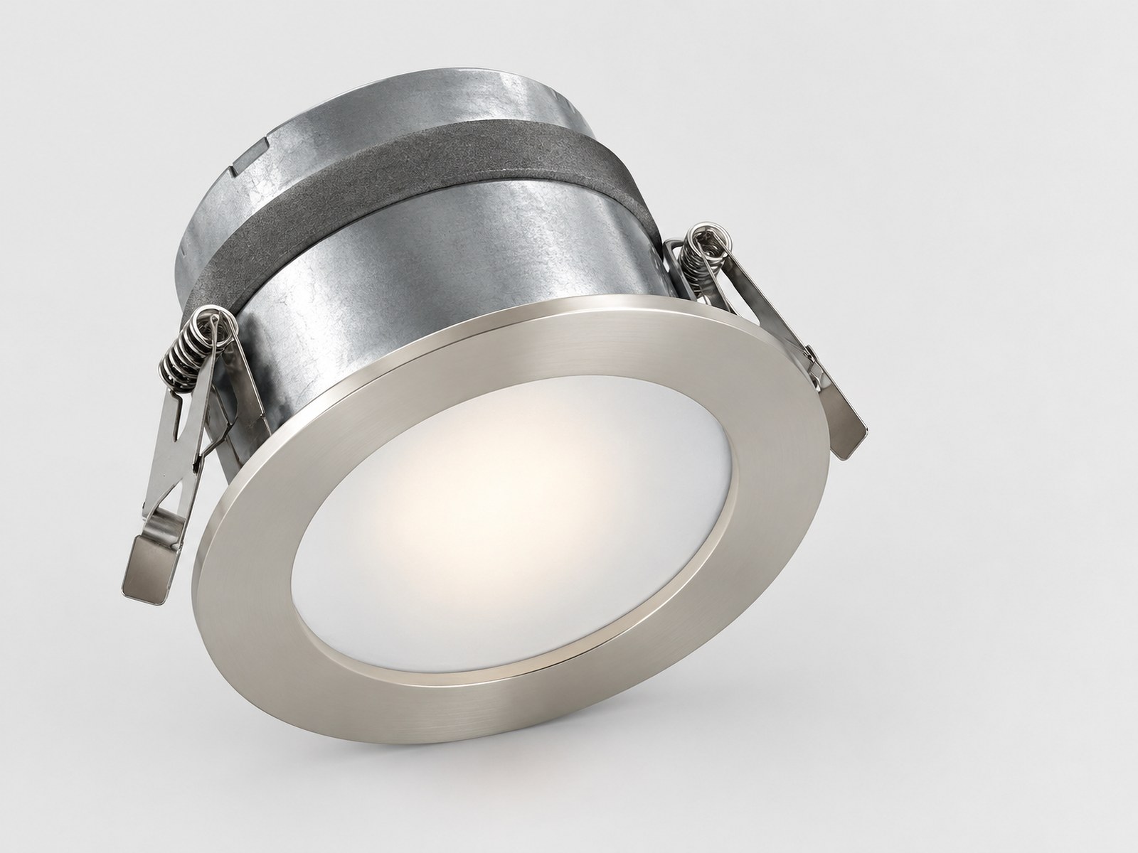 Fire-rated IP65 recessed LED downlight with satin nickel trim
