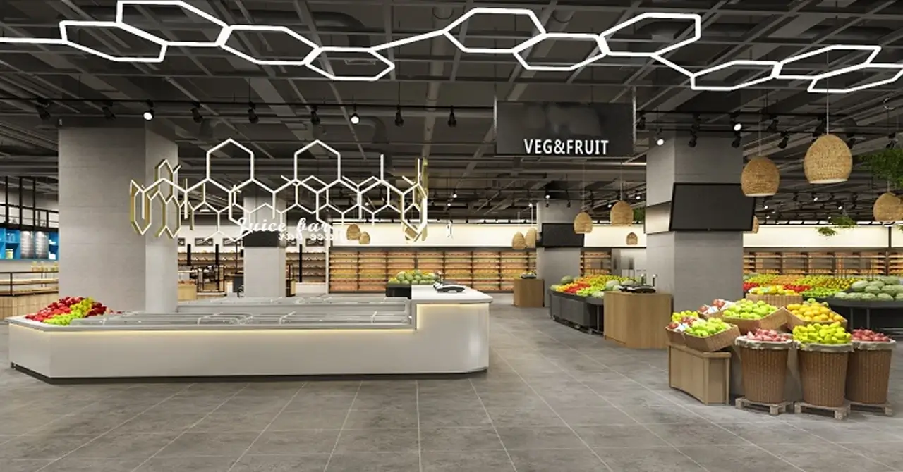 Looping LED linear pendants in a supermarket aisle