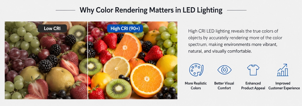Low CRI versus high CRI (90+) LED lighting comparison on a fresh fruit display